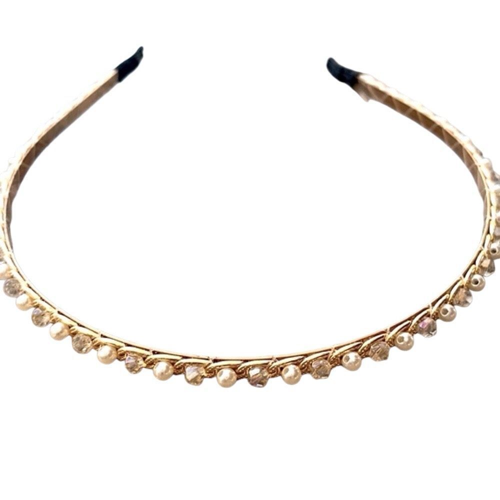 Thin Jeweled Headband with Pearls & Crystals - Dainty Golden Tone